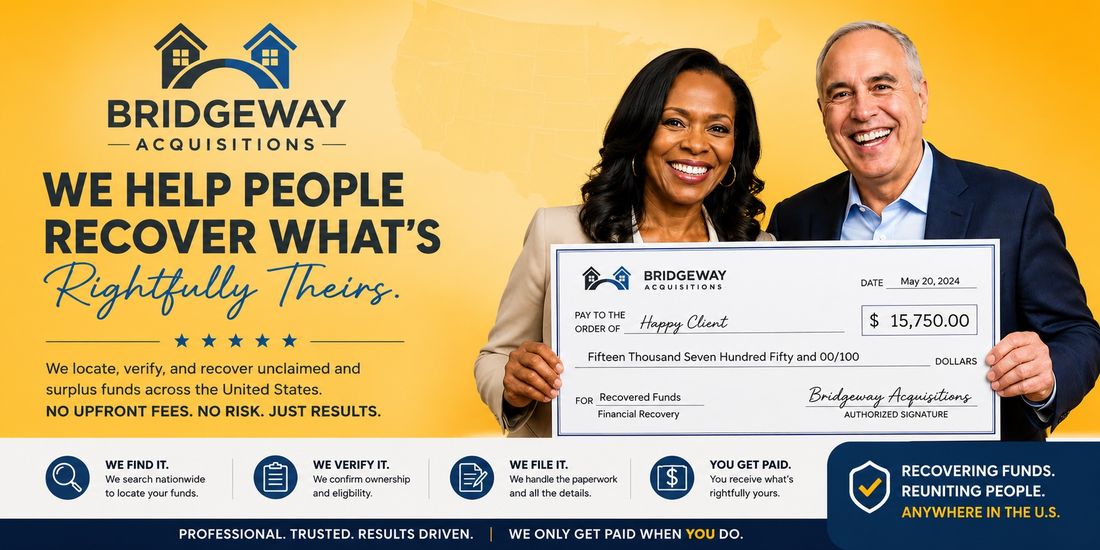 Happy clients holding a Bridgeway Acquisitions recovery check
