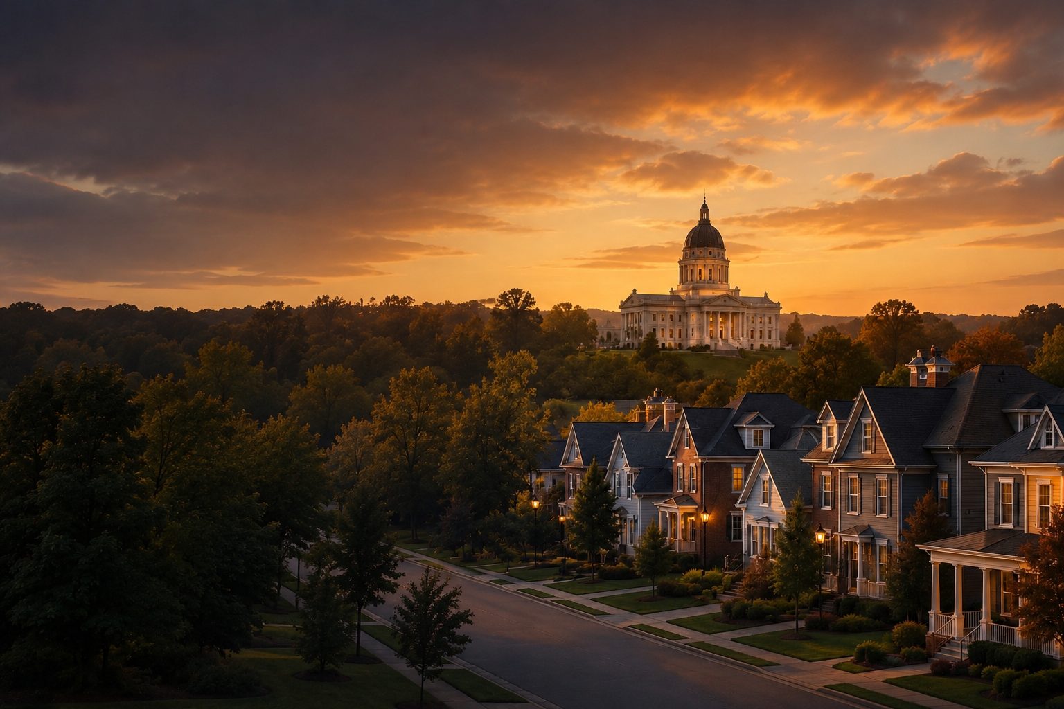 State capitol building at sunset overlooking a residential neighborhood